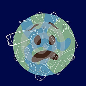 Planet emoji in awe abused by plastic waste and debris