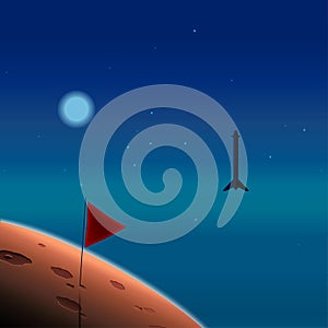 Planet exploration. Rocket in space. Mission to Mars. Mars colonization project. Vector illustration.