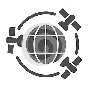 Planet with GPS satellites solid icon, Navigation concept, three satellites orbiting Earth sign on white background