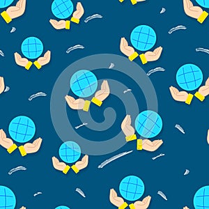 Planet in hands sign seamless pattern on blue background. Vector colorful texture. Concept of Eco friendly. World Earth day icon