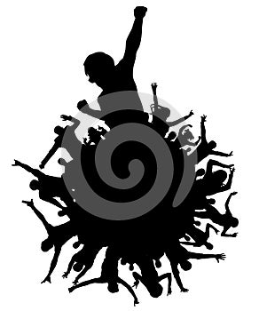 Planet of happy people silhouette. Cheering applause crowd people party, disco, concert. Sports fans.