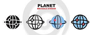 Planet icon set with different styles. Editable stroke and pixel perfect. Can be used for web, mobile, ui and more