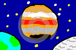 The planet Jupiter against the background of the starry sky and other planets. Children's drawing