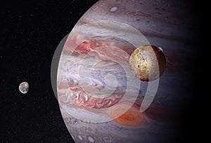 Planet Jupiter with Io and Ganymede satellites