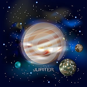 Planet Jupiter and its moons. Europa, Io, Ganymede, Callisto.