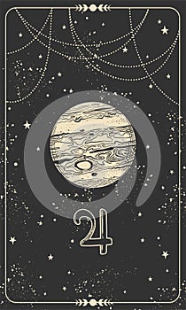 Planet Jupiter, linear hand drawing on a black space card with stars. Symbol for astrology, signs of the zodiac