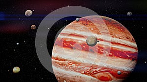 Planet Jupiter with some of the 79 known moons in outer space 3d science rendering, elements of this image are furnished by NASA