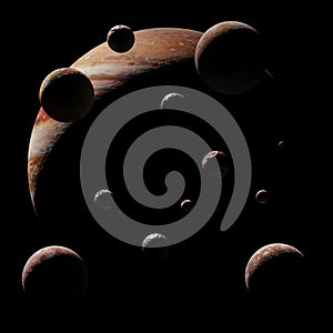 Planet Jupiter with some of the moons on black background 3d space render, elements of this image are furnished by NASA