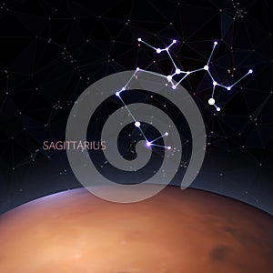 Planet with a kind of constellation of the sign of the zodiac sagittarius. Polygons vector illustration design, background
