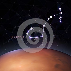 Planet with a kind of constellation of the sign of the zodiac scorpio. Polygons vector illustration design, background