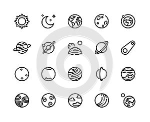 Planet line icons. Solar system cosmos planets with Earth Moon Jupiter Uranus and other. Vector astronomy infographic