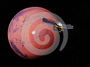 Planet Mars exploration, MAVEN space probe in front of the martian south pole, elements of this image are furnish by NASA