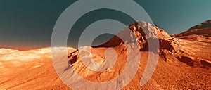 Planet mars illustration, orange red eroded mars surface landscape, science fiction background