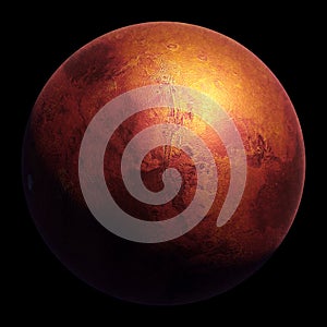 Planet Mars in natural colors isolated on black background