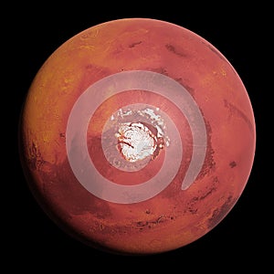Planet Mars, red planet with north polar ice cap isolated on black background