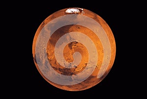 Planet Mars, with a white spot, on a dark background.  Elements of this image were furnished by NASA photo