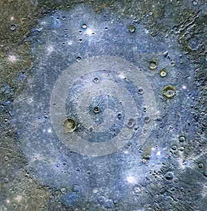 Planet Mercury surface details enhanced colors, blue filter.