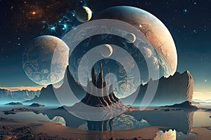 A Planet With Multiple Moons And Alien Lifeforms. Generative AI