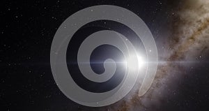 Planet over Milky Way galaxy with sun and stars, space 3d illustration background