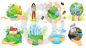 Planet in people hands vector illustration set, cartoon flat human arm hands hold green globe, save earth planet ecology