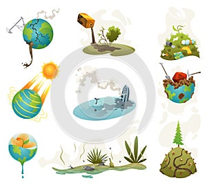 Planet pollution or contamination of earth set. Ecology problems. Awareness campaign about isolated planet suffering