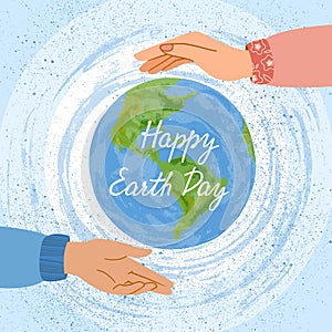 The planet is protected by hands. Colored vector illustrations in flat style. The design of the leaflets from Earth Day.