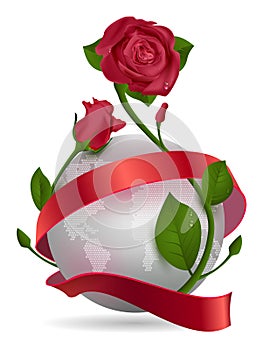 Planet, red ribbon and rose flower