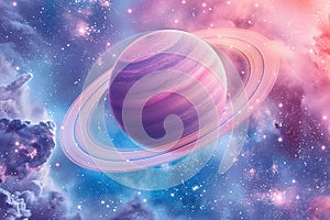 planet with rings in the galaxy in pastel blue pink colors, fantasy space illustration