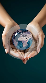 Planet safeguard Female hands hold a globe, emphasizing environmental protection