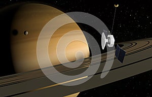 Planet Saturn, rings and other moons. Satellite explore to the planet. 3d illustration