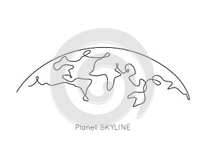 Planet skyline and world map in one continuous line drawing. Earth globe horizon in linear style. Minimalistic vector