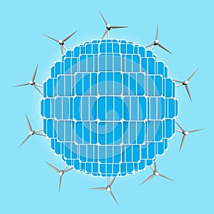 Planet, solar panels,wind turbines generalizing clean energies