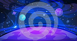 Planet space background. Sky galaxy universe flat abstract night landscape science modern poster. Cosmos banner