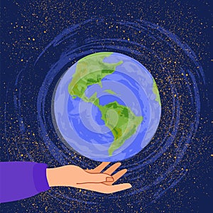 A planet in space with a hand holding it. Design a poster or leaflet for Earth Day.