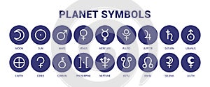 Planet symbol set. Mars, venus, mercury and moon. Sun, pluto, jupiter and saturn. Uranus, earth, ceres and chiron