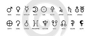 Planet symbol. Vector black sign on white. Mars, venus, mercury and moon. Sun, pluto, jupiter and saturn. Uranus, earth