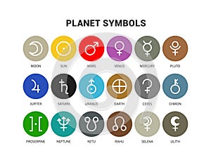 Planet symbols. Mars, venus, mercury and moon. Sun, pluto, jupiter and saturn. Uranus, earth, ceres and chiron