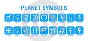 Planet symbols. Mars, venus, mercury and moon. Sun, pluto, jupiter and saturn. Uranus, earth, ketu and rahu. Selena and