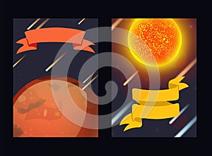 Planet system, pattern for print, space body vector illustration. Object red surface planet Mars in infinite space. Hot