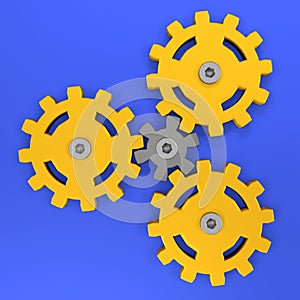 Planetary gear yellow plastic, teamwork concept and business ideas marketing plan strategy symbol