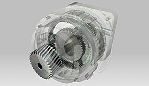 Planetary gearbox transmission cross section and semi transparent casing photo