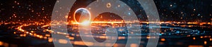 Planetary landscape with glowing digital grid and cosmic data in space photo