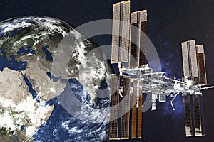 Planetary station satellite near Planet Earth in outer space