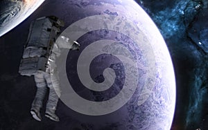 Planets, astronaut in deep space. Science fiction