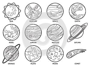 Planets for color book. Solar system earth, sun and neptune, jupiter and pluto, venus and mars, saturn and moon, uranus