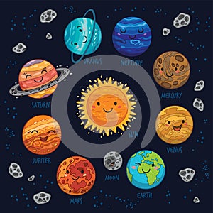 Planets colorful vector set on dark background. photo