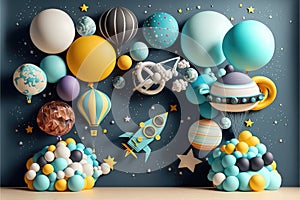 planets cosmos theme backdrop with colorfull ballons, smash cake, custom-made anniversary fantasy photo