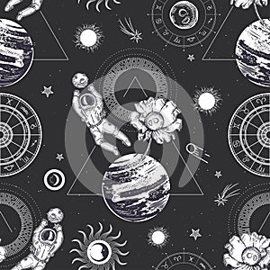 Planets, flower and astronaut. Space illustration. Seamless surreal pattern. photo