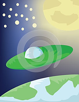 Planets and Flying Saucer in Space