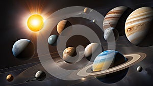 Planets and galaxies in outer space abstract background. Solar system, Universe science astronomy futuristic concept.Cosmos art